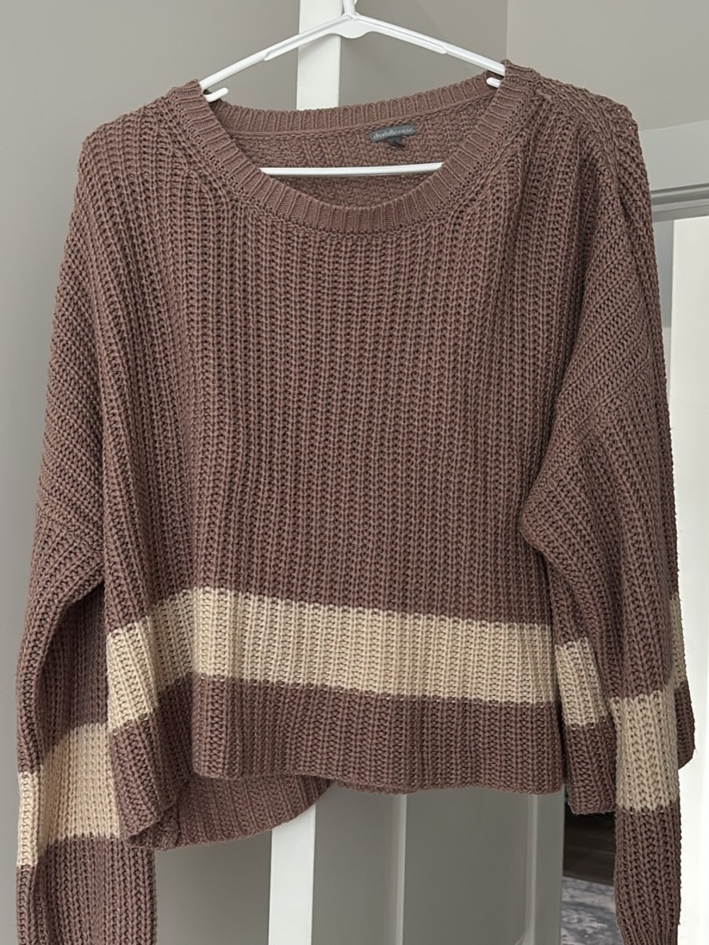 Charlotte Russe Taupe Crewneck Sweater with Cream Stripe